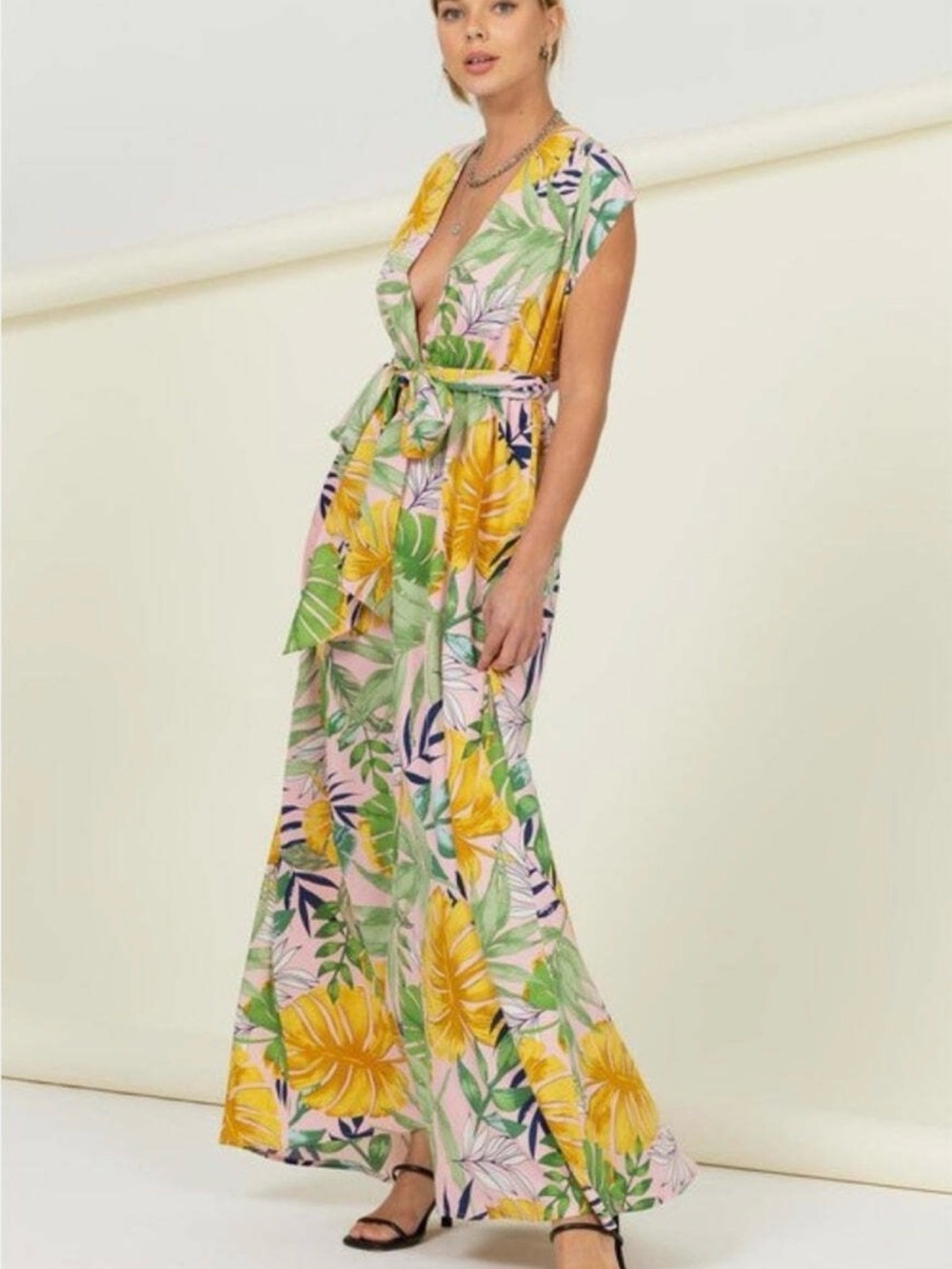 Tropical Leaf Tie-Waist Maxi Dress in Pink, Yellow & Green